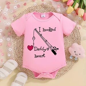 Pink Baby Infant Onesie with Fishing Rod I’m Hooked on Daddy Print